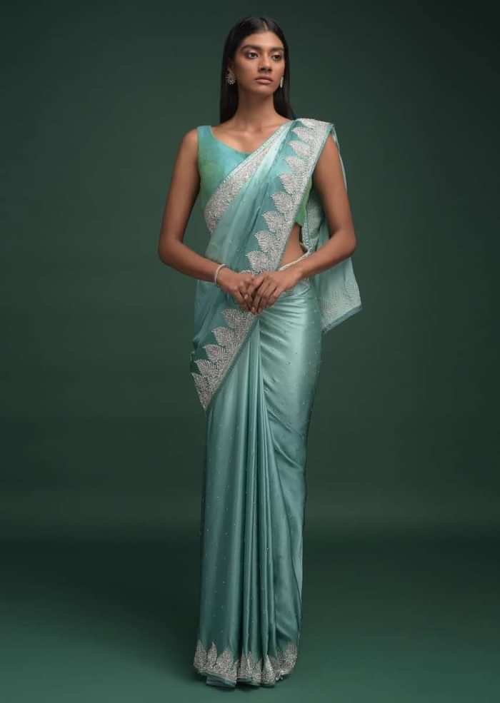 Turq Ombre Saree In Satin Blend With Stone Work In Contemporary Peacock Feathers On The Border Online - Kalki Fashion
