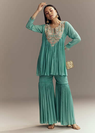 Turquoise Blue Chinon Indo Western Top And Sharara Set With Zardosi Work