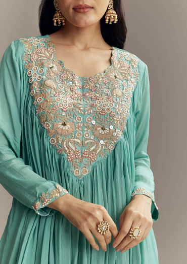 Turquoise Blue Chinon Indo Western Top And Sharara Set With Zardosi Work