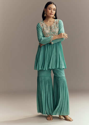 Turquoise Blue Chinon Indo Western Top And Sharara Set With Zardosi Work