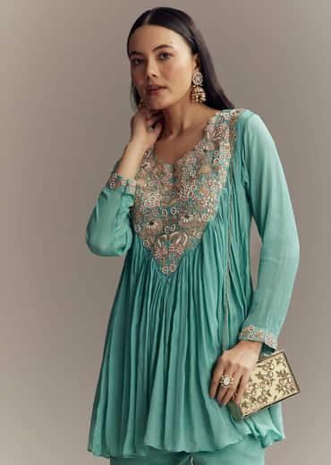 Turquoise Blue Chinon Indo Western Top And Sharara Set With Zardosi Work