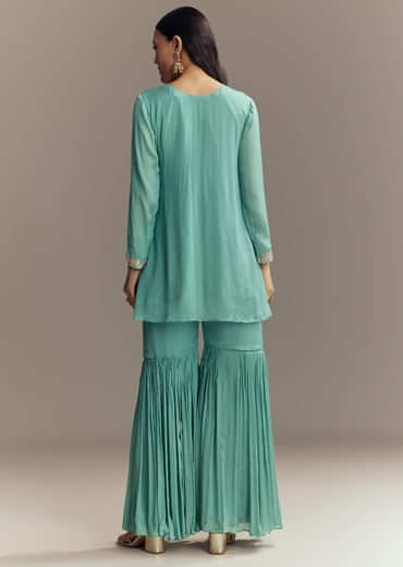 Turquoise Blue Chinon Indo Western Top And Sharara Set With Zardosi Work