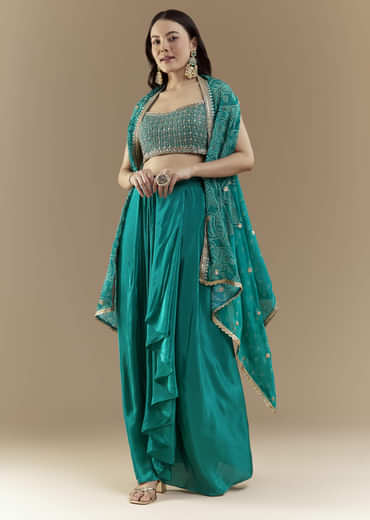 Turquoise Blue Crop Top Skirt Set with Bandhani Cape