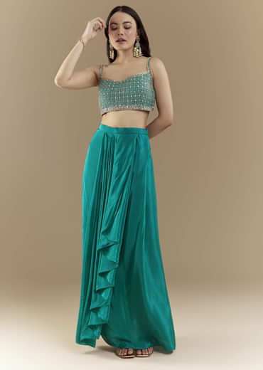 Turquoise Blue Crop Top Skirt Set with Bandhani Cape