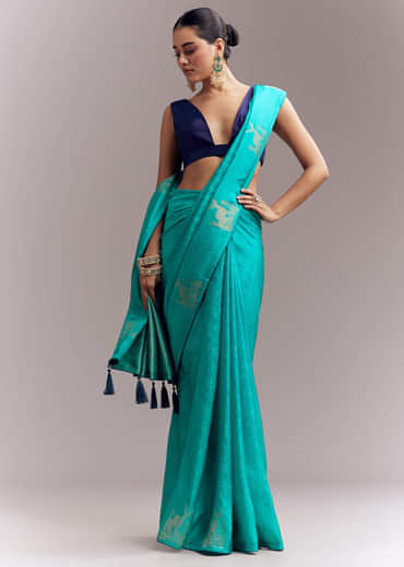 Turquoise Blue Jacquard Silk Saree With Brocade Work And Embroidery Turquoise Blue Jacquard Silk Saree With Brocade Work And Embroidery