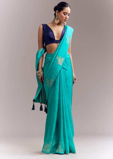 Turquoise Blue Jacquard Silk Saree With Brocade Work And Embroidery Turquoise Blue Jacquard Silk Saree With Brocade Work And Embroidery
