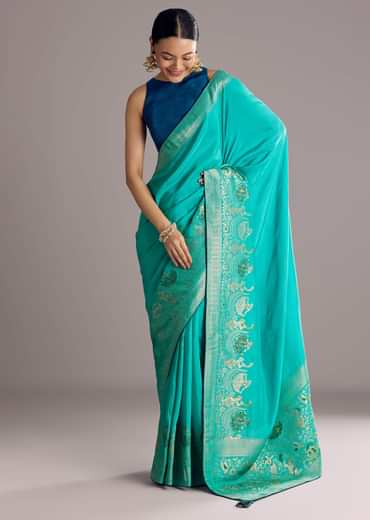 Turquoise Blue Woven Saree