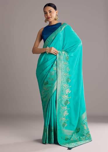 Turquoise Blue Woven Saree