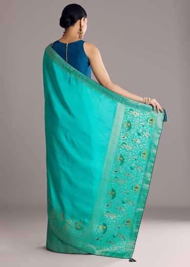 Turquoise Blue Woven Saree