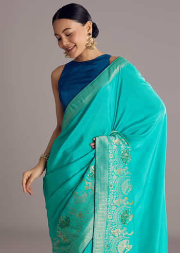 Turquoise Blue Woven Saree