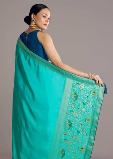 Turquoise Blue Woven Saree