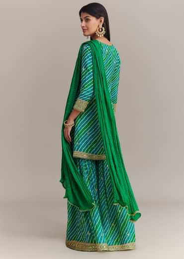 Turquoise Green Chinon Leheriya Embroidered Sharara Set