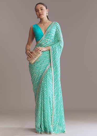 Turquoise Blue Chinon Saree With Leheriya And Gota Work