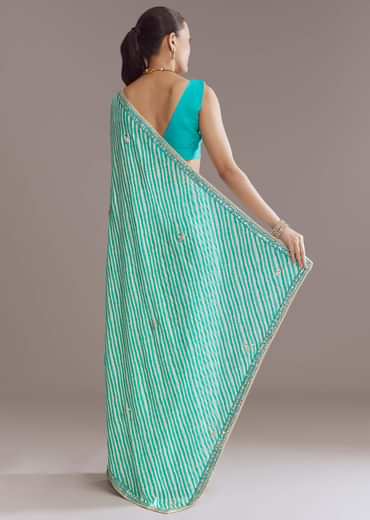 Turquoise Blue Chinon Saree With Leheriya And Gota Work