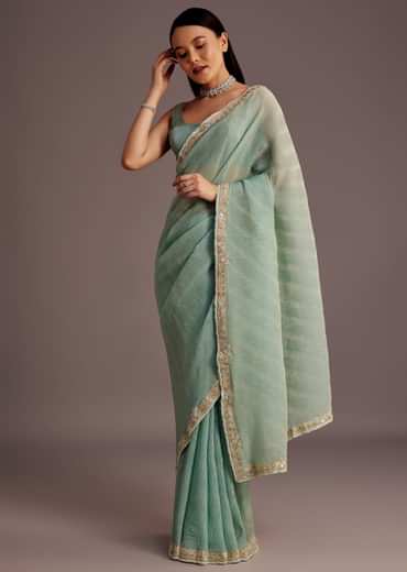 Turquoise Blue Crush Tissue Cutdana Work Saree With Embroidered Border