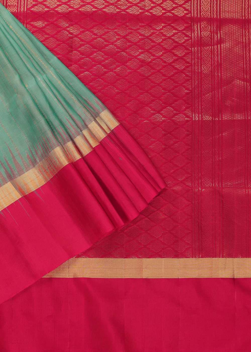 Mint Blue Handloom Saree In Album Silk With Zari Woven Red Border And Unstitched Blouse
