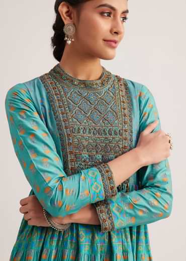 Turquoise Chanderi Kurti With Indie Print