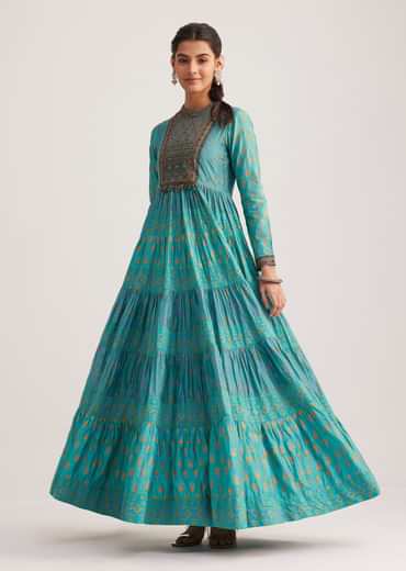 Turquoise Chanderi Kurti With Indie Print