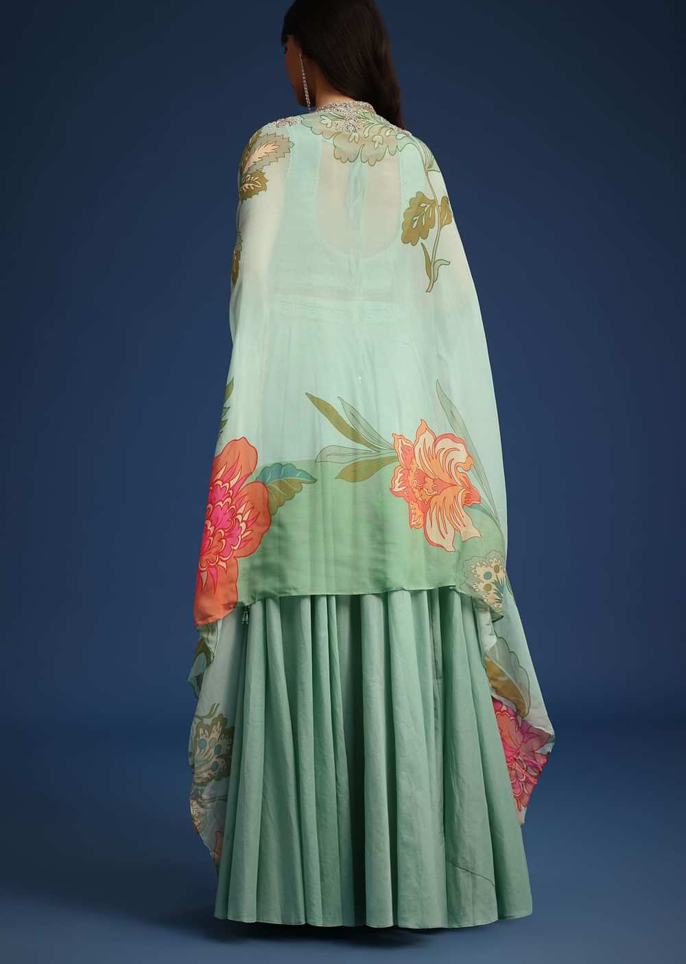 Turquoise Floral Print Organza Jacket And Skirt Set