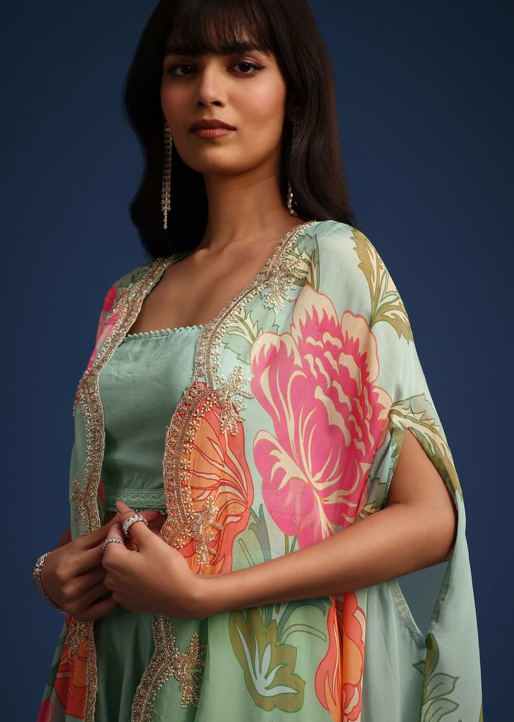 Turquoise Floral Print Organza Jacket And Skirt Set