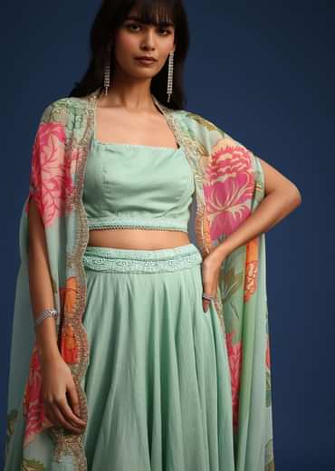 Turquoise Floral Print Organza Jacket And Skirt Set