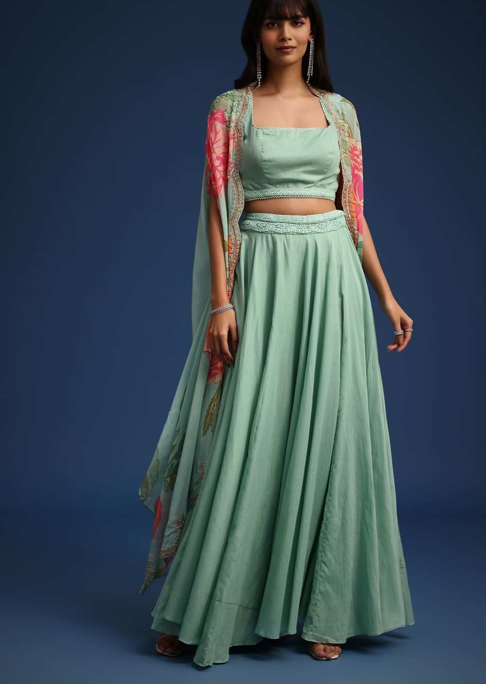 Turquoise Floral Print Organza Jacket And Skirt Set