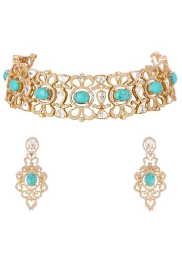 Turquoise Gold Finish Choker Set With Kundan Work