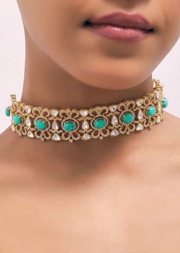 Turquoise Gold Finish Choker Set With Kundan Work