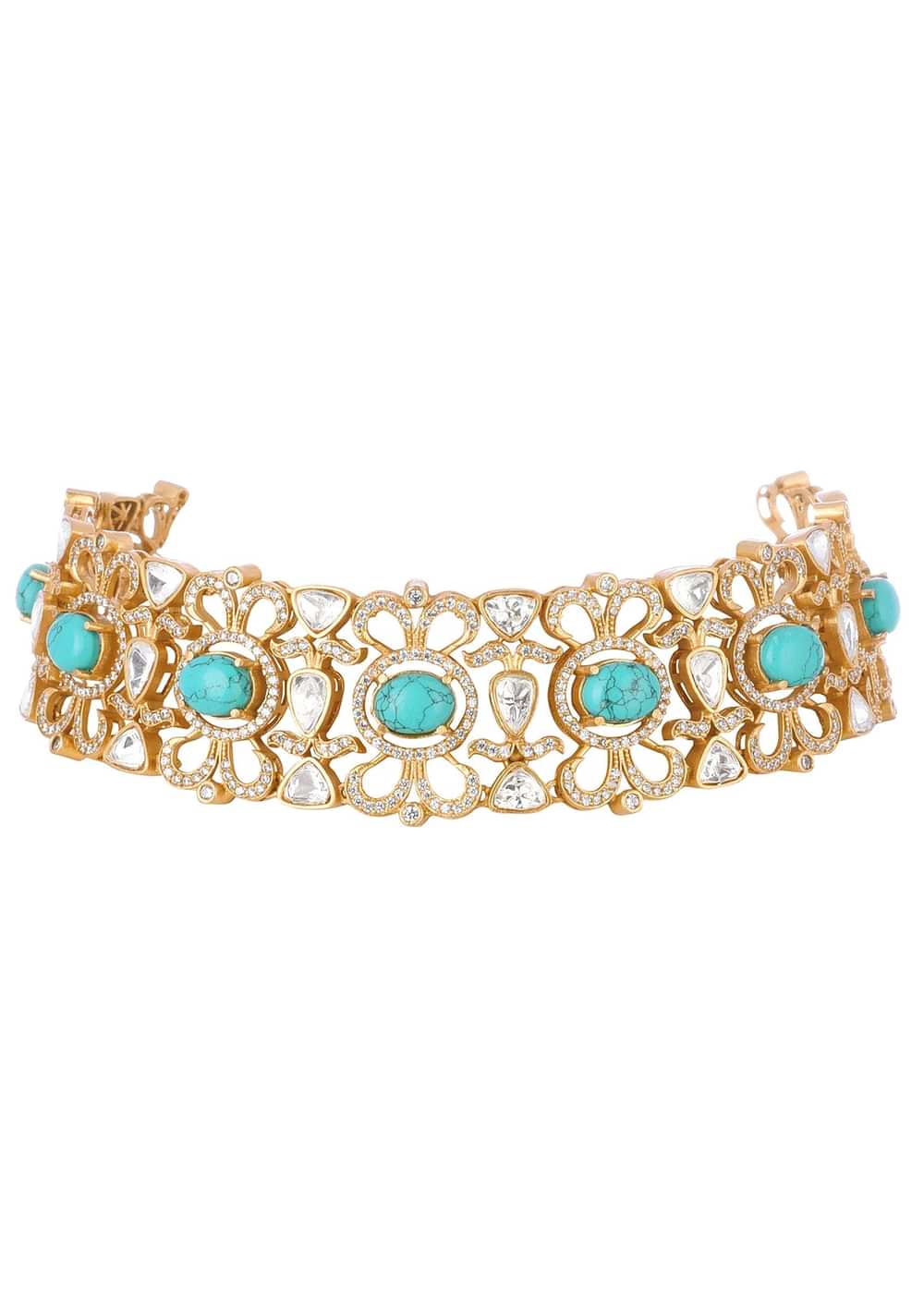 Turquoise Gold Finish Choker Set With Kundan Work