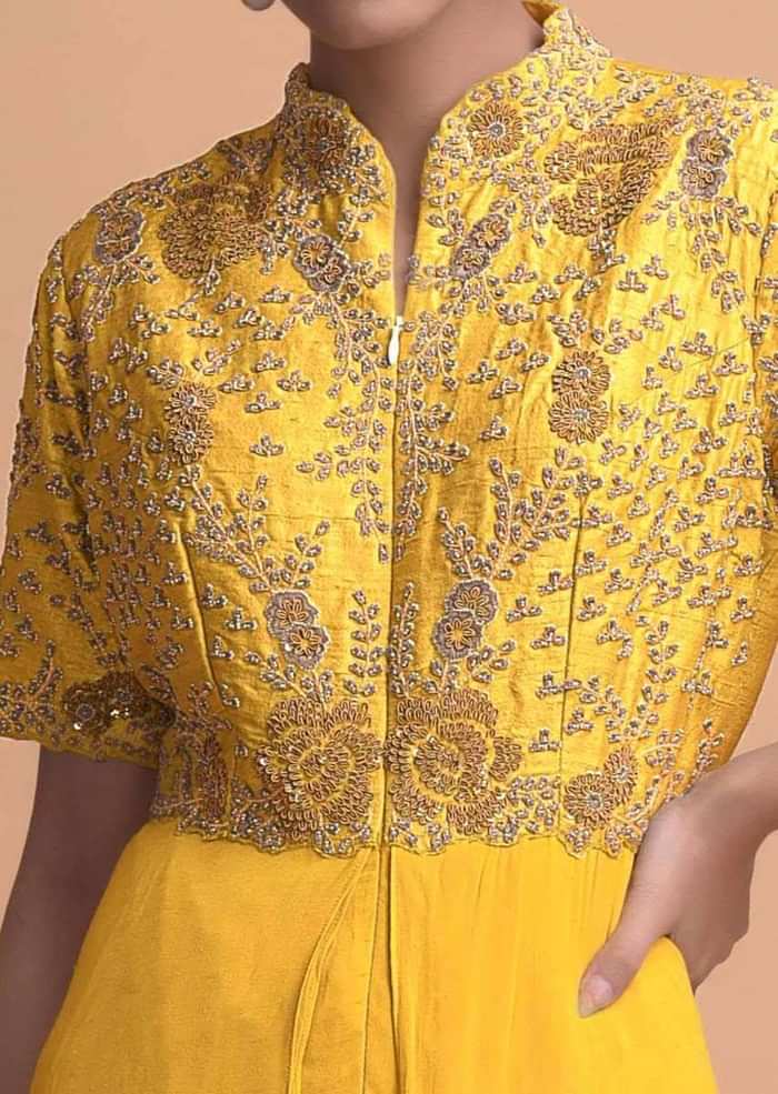 Tuscany Yellow Jumpsuit With Georgette Layers On The Bottom And A Raw Silk Bodice Online - Kalki Fashion