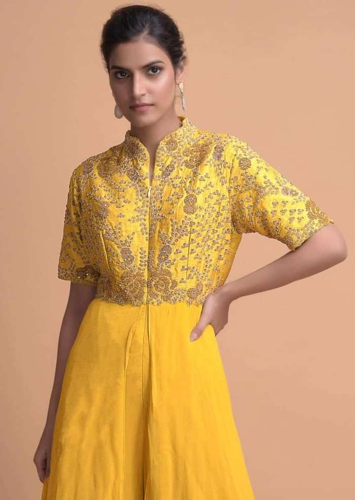 Tuscany Yellow Jumpsuit With Georgette Layers On The Bottom And A Raw Silk Bodice Online - Kalki Fashion