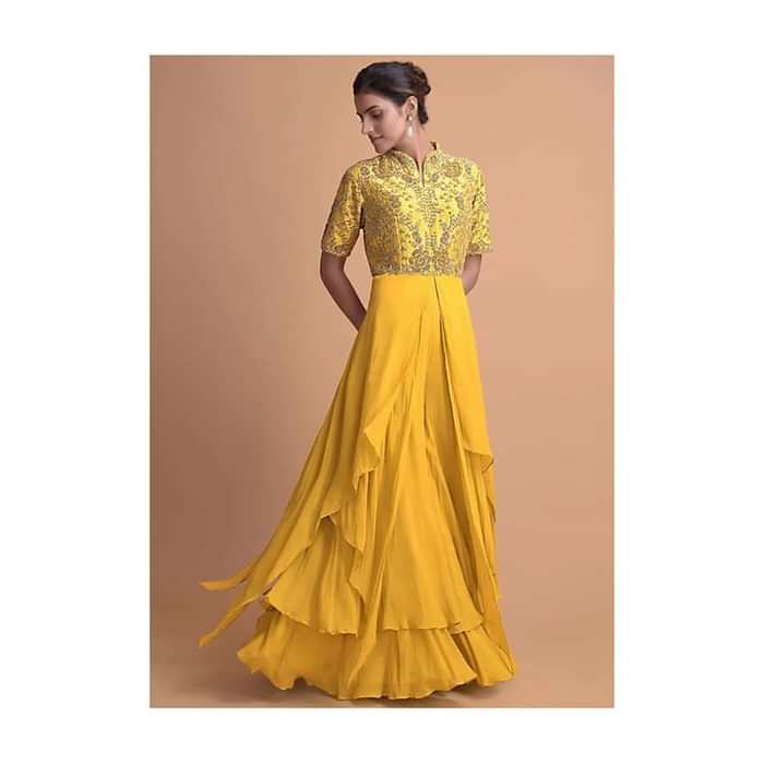 Tuscany Yellow Jumpsuit With Georgette Layers On The Bottom And A Raw Silk Bodice Online - Kalki Fashion