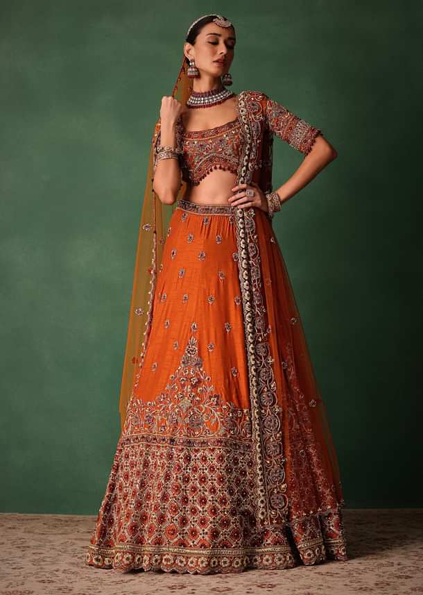 Tussar Orange Embroidered Lehenga With Scoop Neckline Blouse And Dupatta