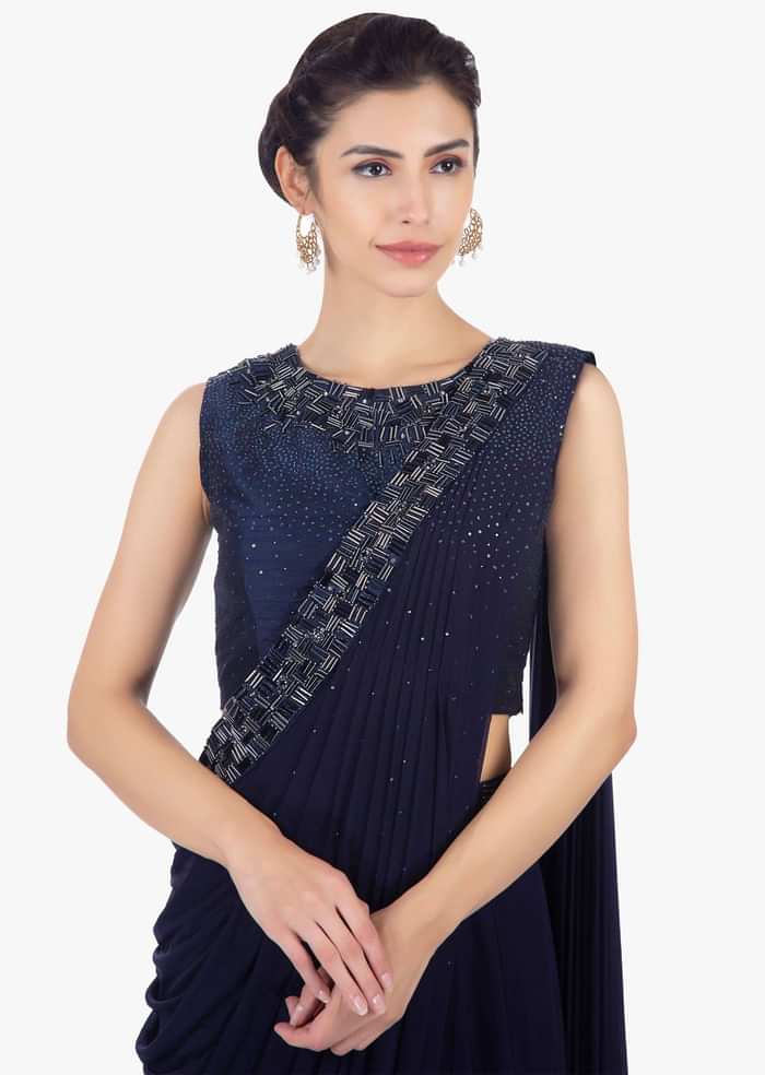 Twilight Blue Ready Plated Saree Skirt In Lycra Paired With Matching Raw Silk Blouse Online - Kalki Fashion