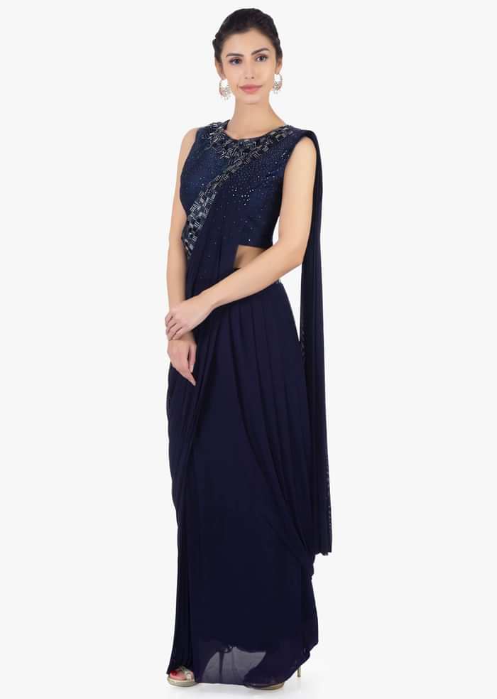 Twilight Blue Ready Plated Saree Skirt In Lycra Paired With Matching Raw Silk Blouse Online - Kalki Fashion