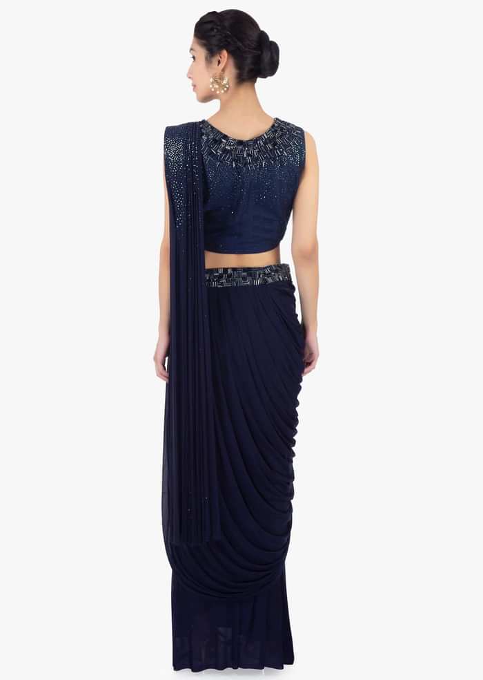 Twilight Blue Ready Plated Saree Skirt In Lycra Paired With Matching Raw Silk Blouse Online - Kalki Fashion