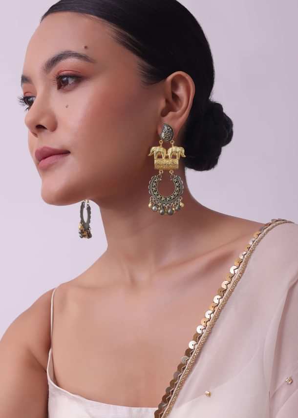 Two-Tone Silver Finish Oxidised Chandbalis In Fusion Style Two-Tone Silver Finish Oxidised Chandbalis In Fusion Style