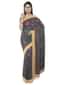 Two toned charcoal grey banarasi saree with floral thread embroidery only on Kalki