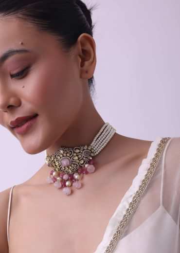 Two Tone Finish Kundan Choker Set In Mix Metal