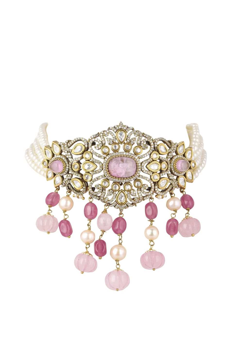 Two Tone Finish Kundan Choker Set In Mix Metal