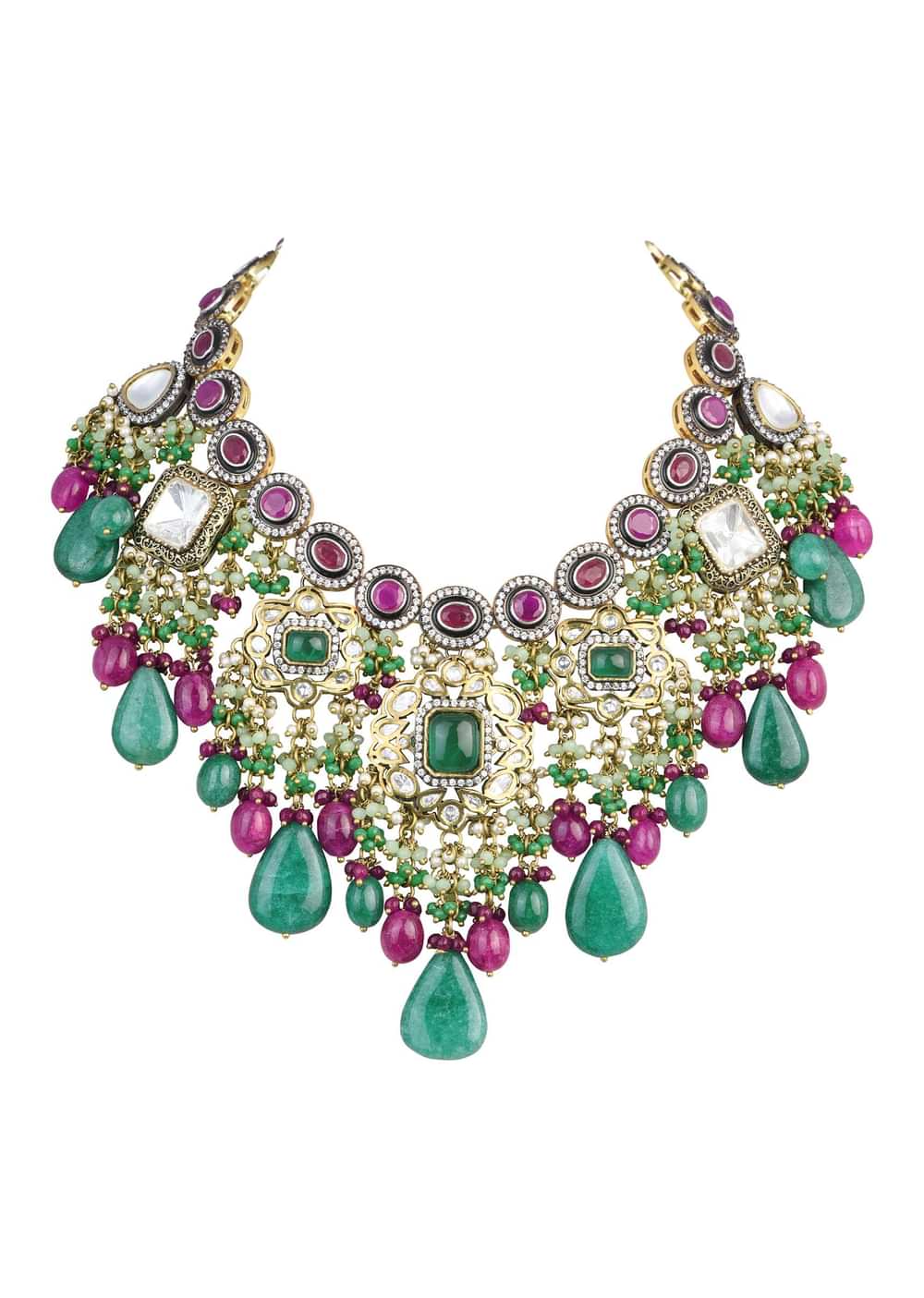 Two Tone Finish Kundan Necklace Set With Meenakari And Green Stone Drops
