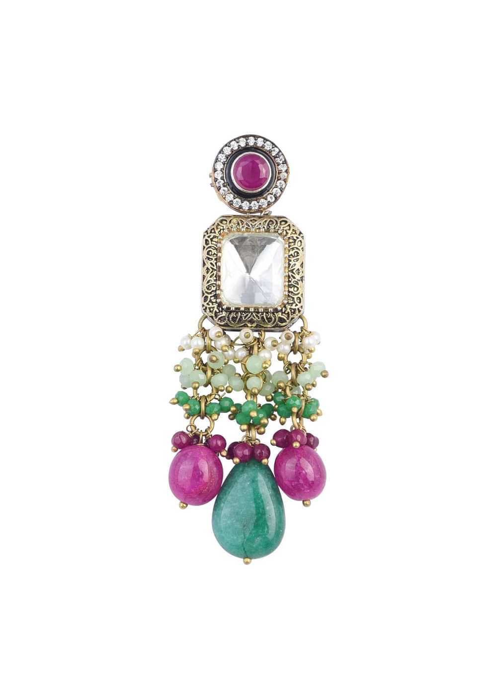Two Tone Finish Kundan Necklace Set With Meenakari And Green Stone Drops