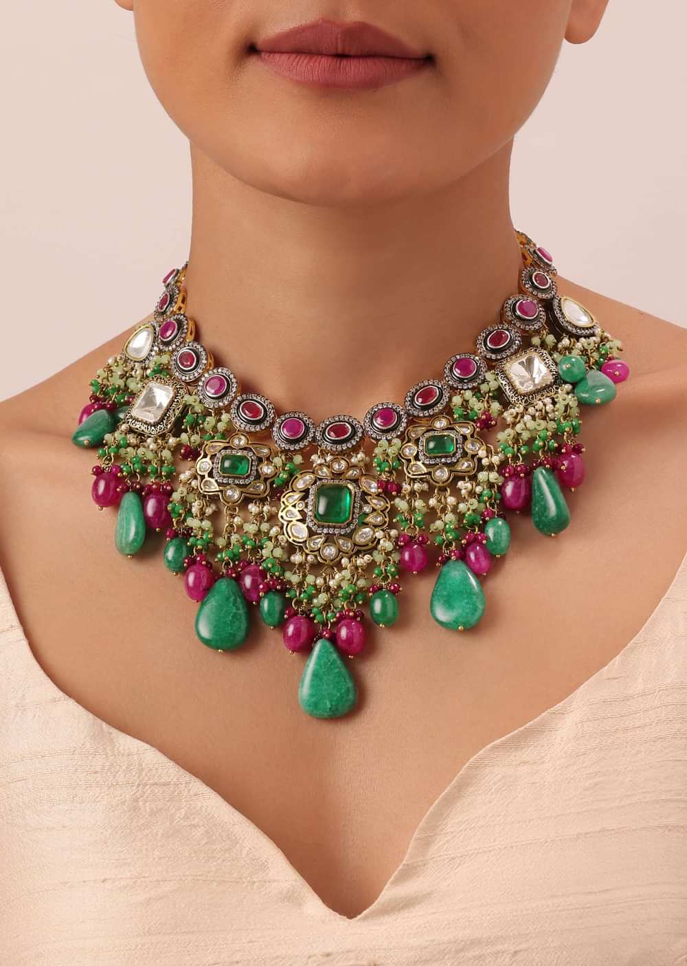 Two Tone Finish Kundan Necklace Set With Meenakari And Green Stone Drops