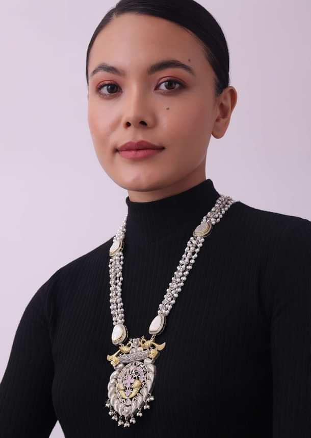 Two Tone Finish Oxidised Long Necklace And Earring Set Two Tone Finish Oxidised Long Necklace And Earring Set