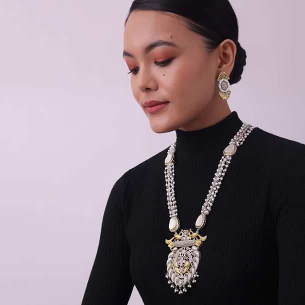 Two Tone Finish Oxidised Long Necklace And Earring Set Two Tone Finish Oxidised Long Necklace And Earring Set