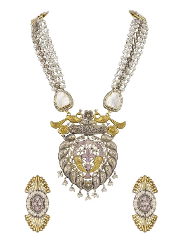 Two Tone Finish Oxidised Long Necklace And Earring Set Two Tone Finish Oxidised Long Necklace And Earring Set