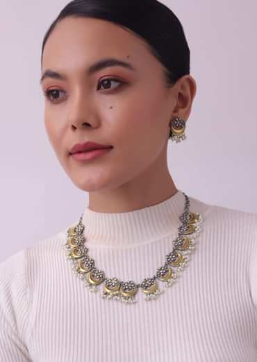 Two Tone Finish Oxidised Short Necklace And Earring Set