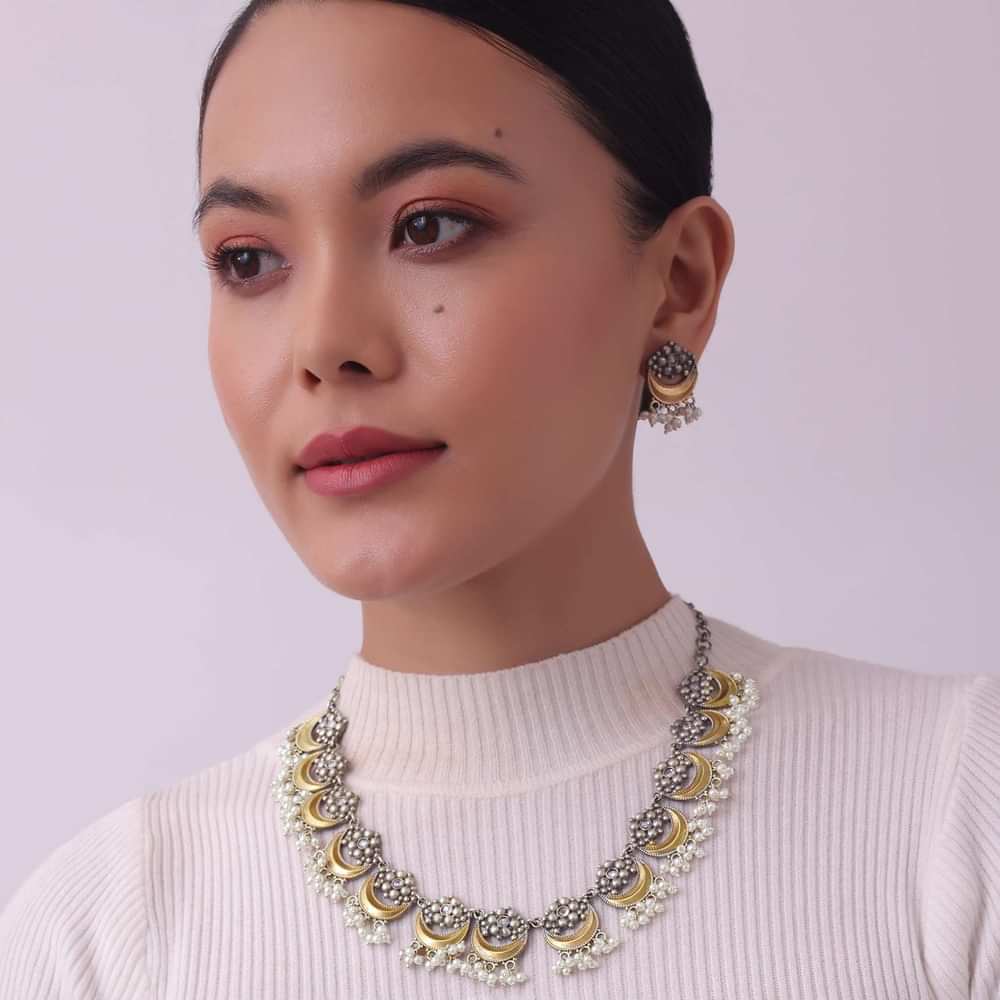 Two Tone Finish Oxidised Short Necklace And Earring Set