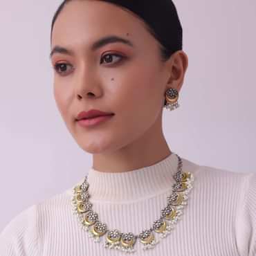 Two Tone Finish Oxidised Short Necklace And Earring Set
