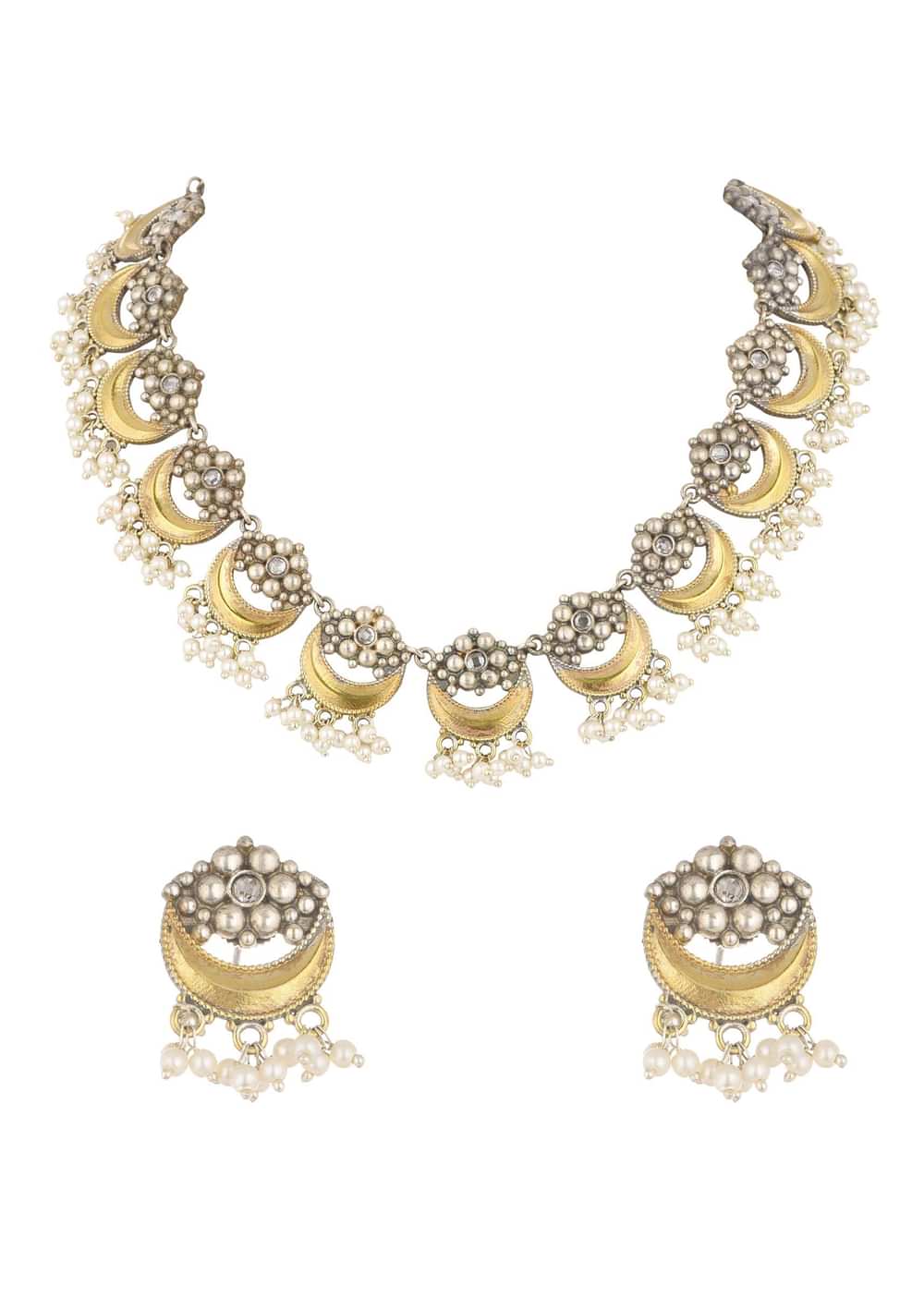 Two Tone Finish Oxidised Short Necklace And Earring Set